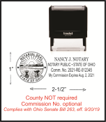 This self inking stamp has the Ohio Seal on the left side and your name, notary public, state of Ohio and your expiration date on the right.  Meets specific State of Ohio Senate Bill 263.