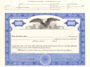 8 1/2 X 11, Blue, With Par Value, Eagle Vignette Stock Certificate